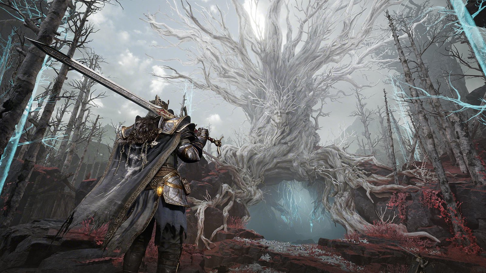 A Withered Knight shouldering a greatsword before the white tree