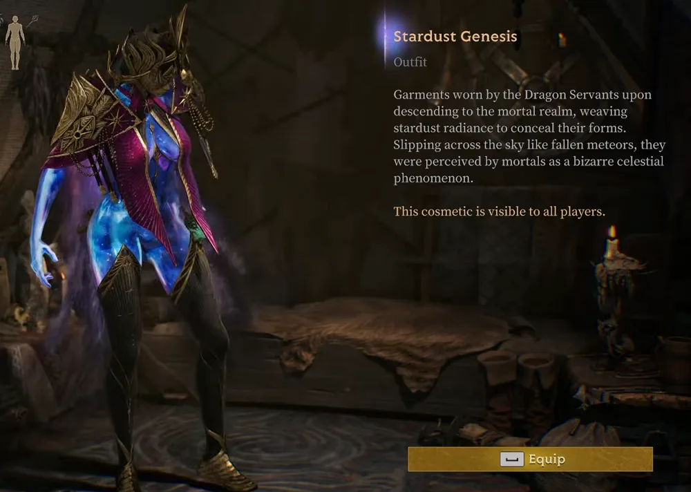 In-game wardrobe card for Stardust Genesis, category Outfit. Flavour text: Garments worn by the Dragon Servants upon descending to the mortal realm, weaving stardust radiance to conceal their forms. Below it: This cosmetic is visible to all players.