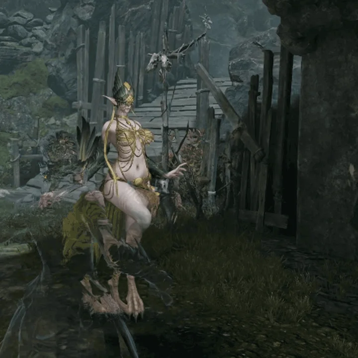A Harpy enemy in community gameplay footage, with black-and-gold feathered arms, clawed feet and a gold mask
