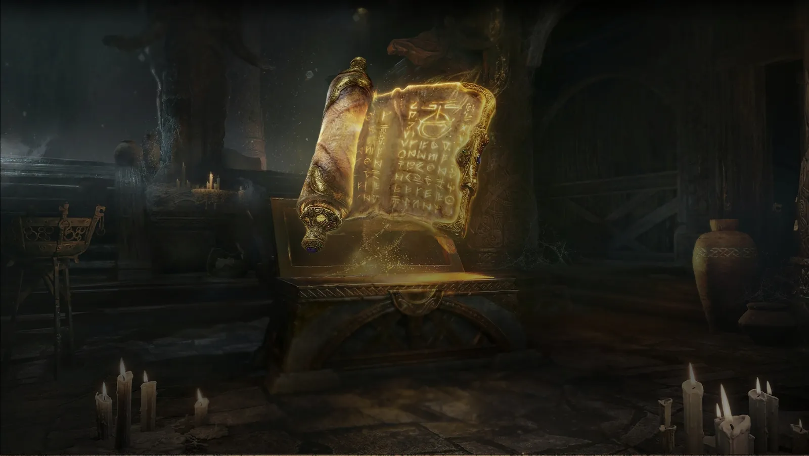 A Golden Cipher scroll unfurled on a lectern in the official Gylden Rush event art
