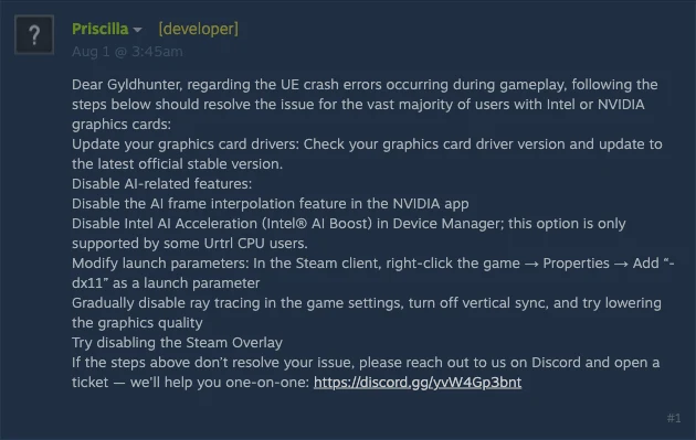 Steam forum reply by Priscilla, flagged [developer], listing six steps for UE crash errors including adding -dx11 as a launch parameter