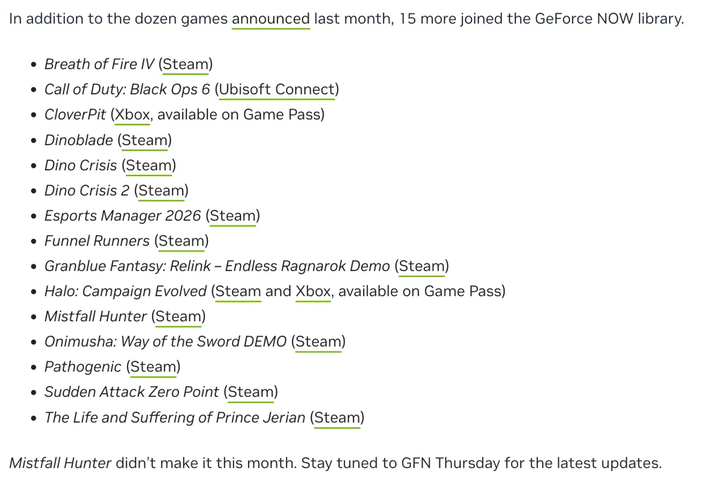 NVIDIA GFN Thursday post listing Mistfall Hunter among fifteen games that joined GeForce NOW in July, with the line immediately below reading: Mistfall Hunter didn’t make it this month.