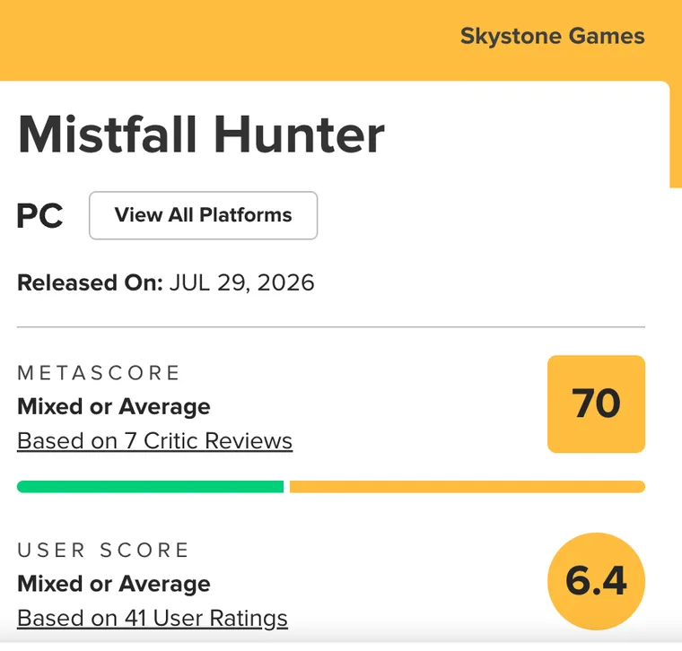 Metacritic showing a capture-time Metascore of 70, Mixed or Average, based on 7 critic reviews, and a user score of 6.4 from 41 user ratings