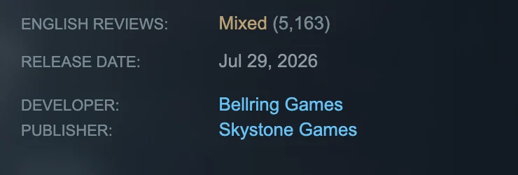 Steam store sidebar for Mistfall Hunter: English reviews Mixed (5,163), release date Jul 29 2026, developer Bellring Games, publisher Skystone Games
