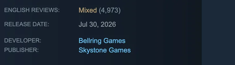 The Steam store page for Mistfall Hunter showing English Reviews as Mixed with 4,973 reviews, released 30 July 2026