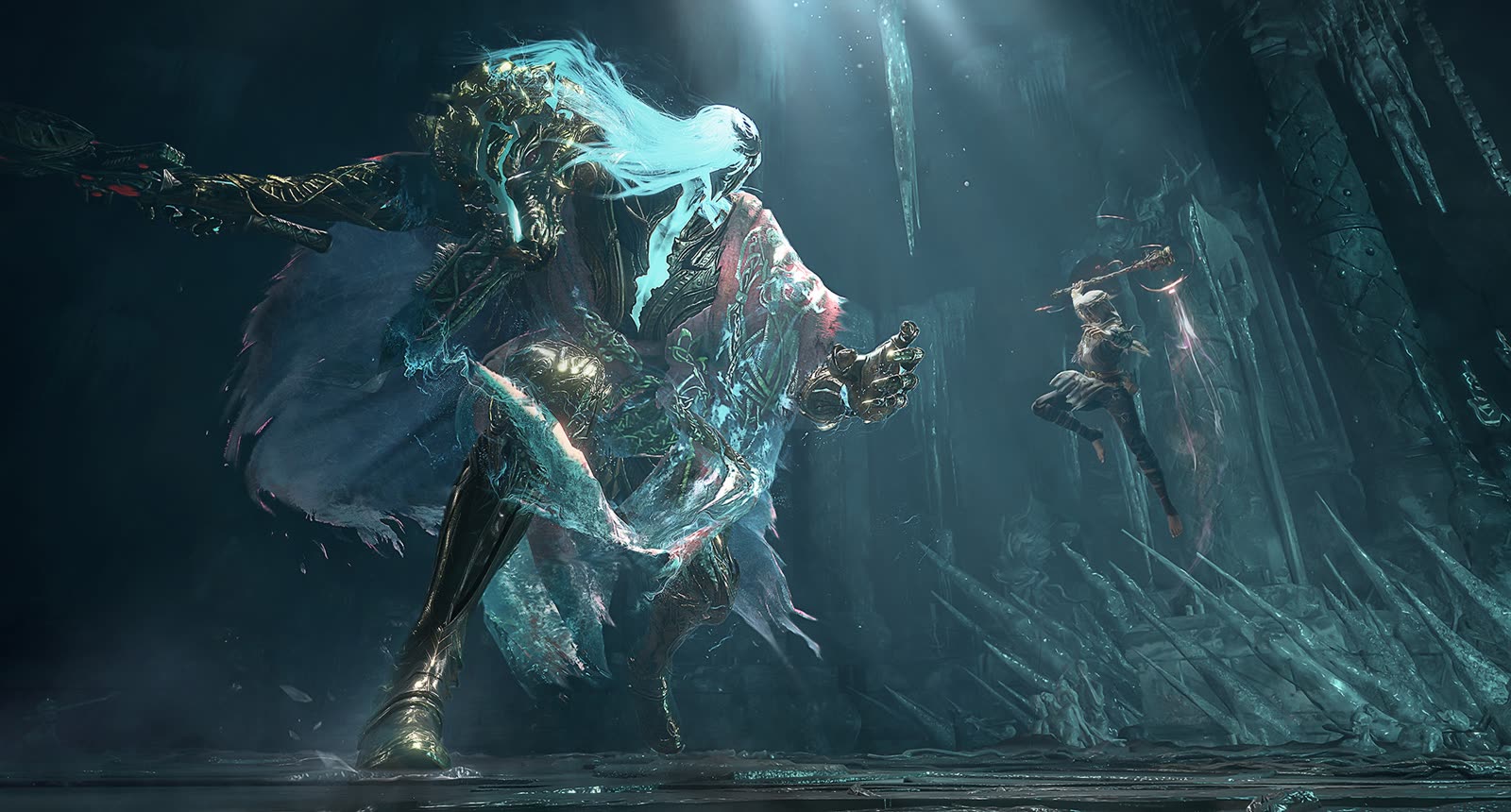 A Gyldhunter leaping at a towering Mist Lord with twin blades drawn