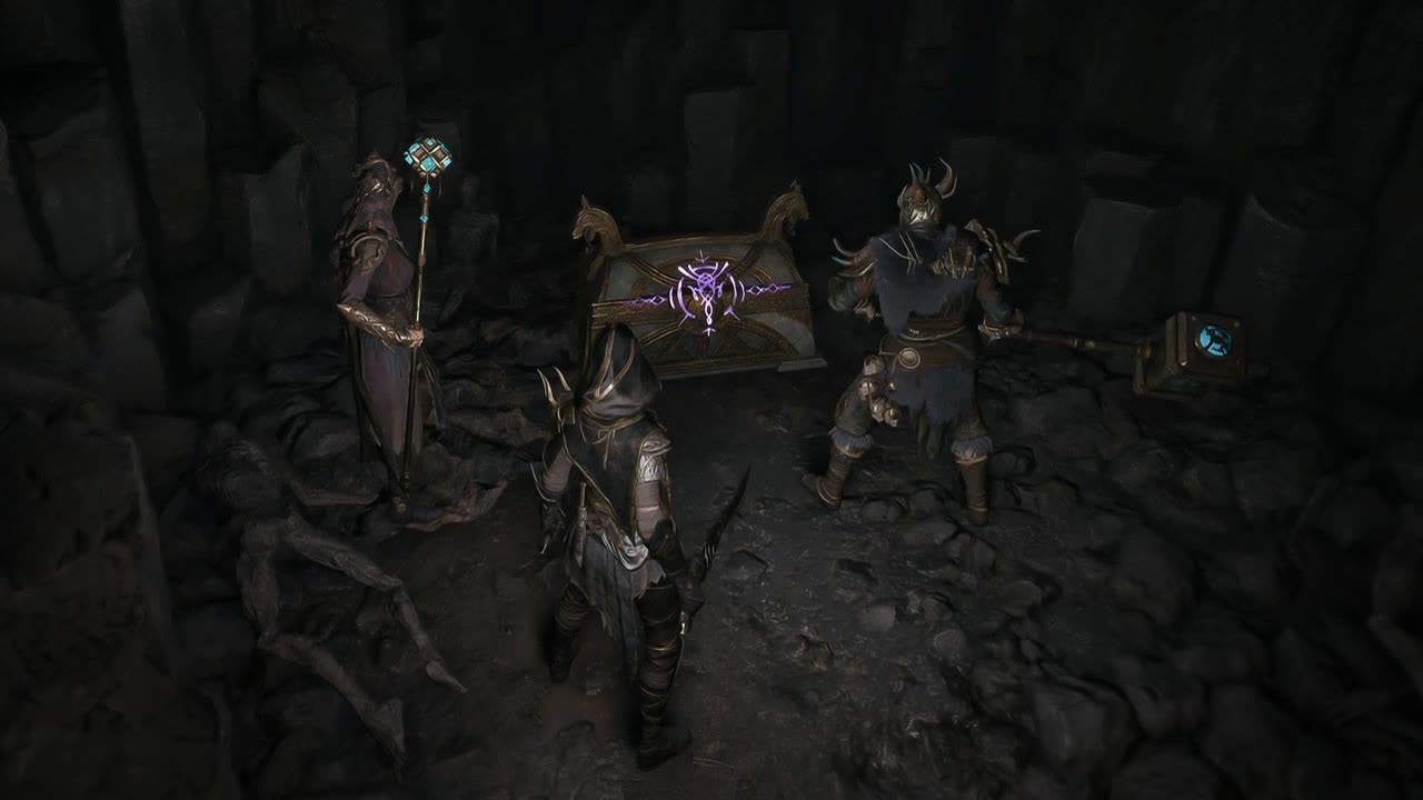 A Gyldhunter examining loot in an official Mistfall Hunter illustration