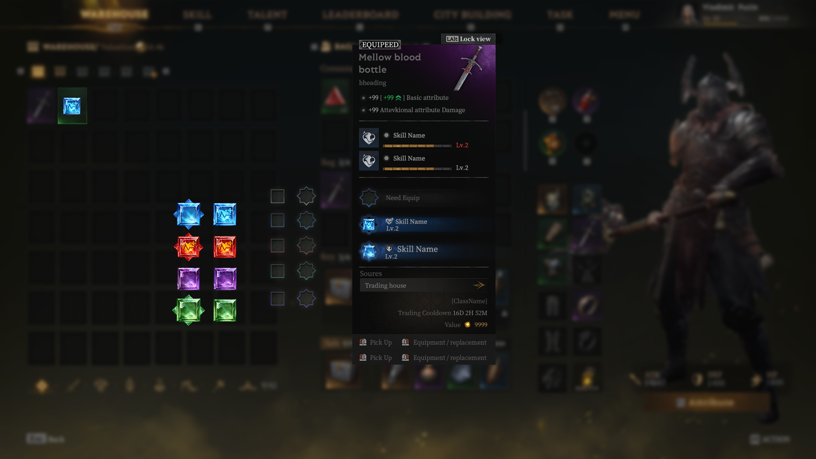 The Mistfall Hunter equipment and gem affix interface