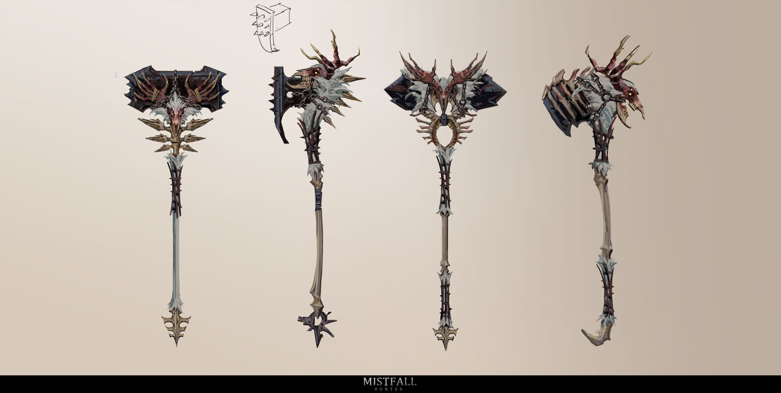 Official Mistfall Hunter staff and hammer equipment concept sheet