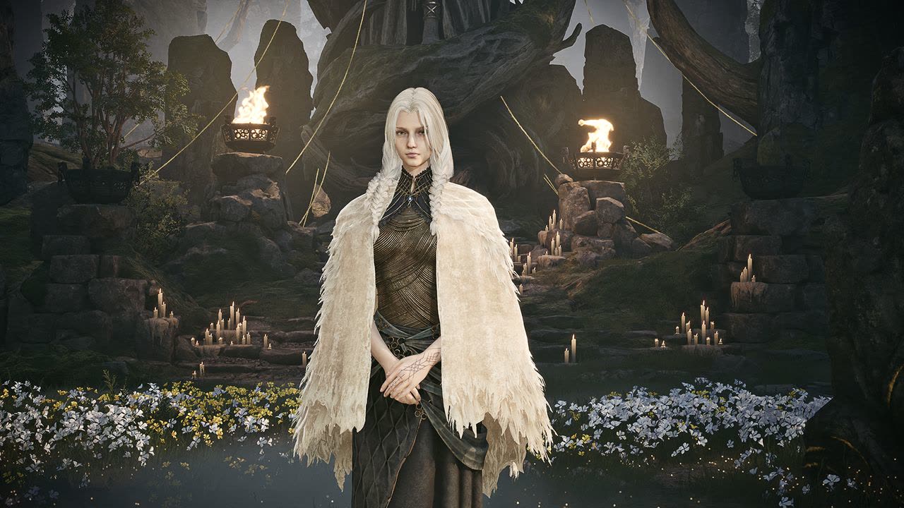 Dew, the immortal maiden, standing among candles and braziers at a shrine in camp