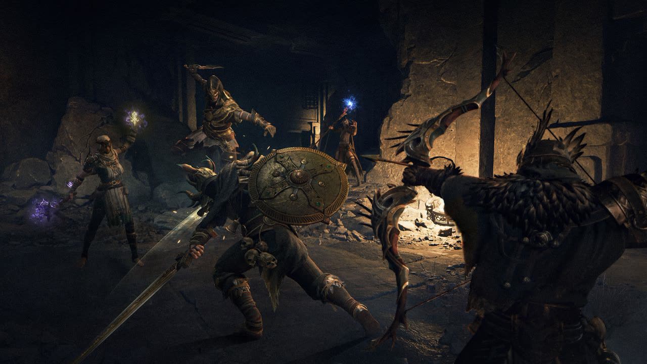 A ruined hall mid-fight, a caster on the left holding violet runic light