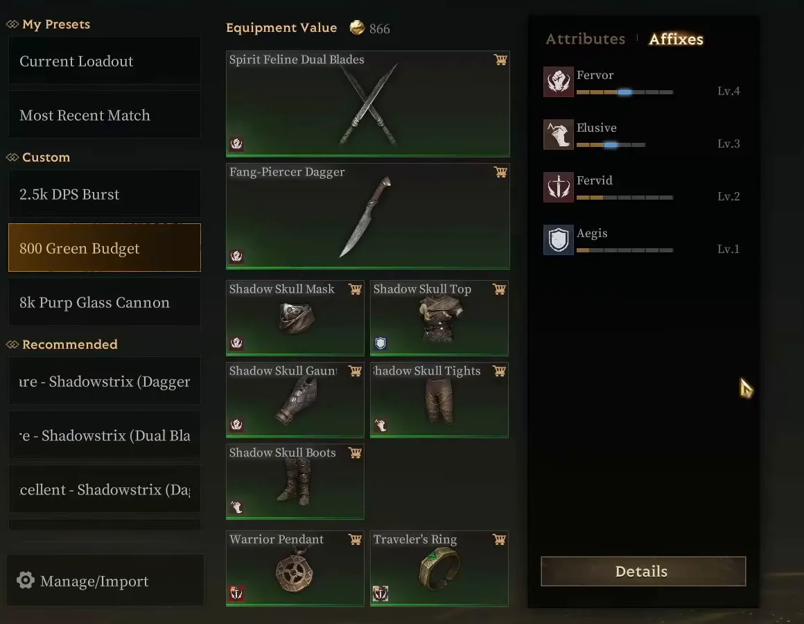 The Prepare screen with a loadout preset named 800 Green Budget selected, Equipment Value 866, Total Expense 907, and the affix panel showing Fervor Lv.4, Elusive Lv.3, Fervid Lv.2 and Aegis Lv.1.