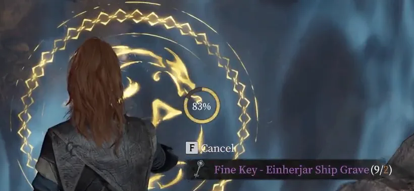 An in-game unlock ring at 83% with the key named beneath it, reading Fine Key - Einherjar Ship Grave