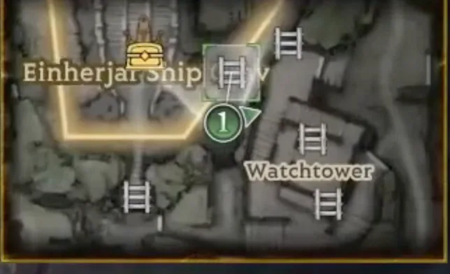 In-game minimap naming Einherjar Ship Grave, with the Watchtower to its south-east