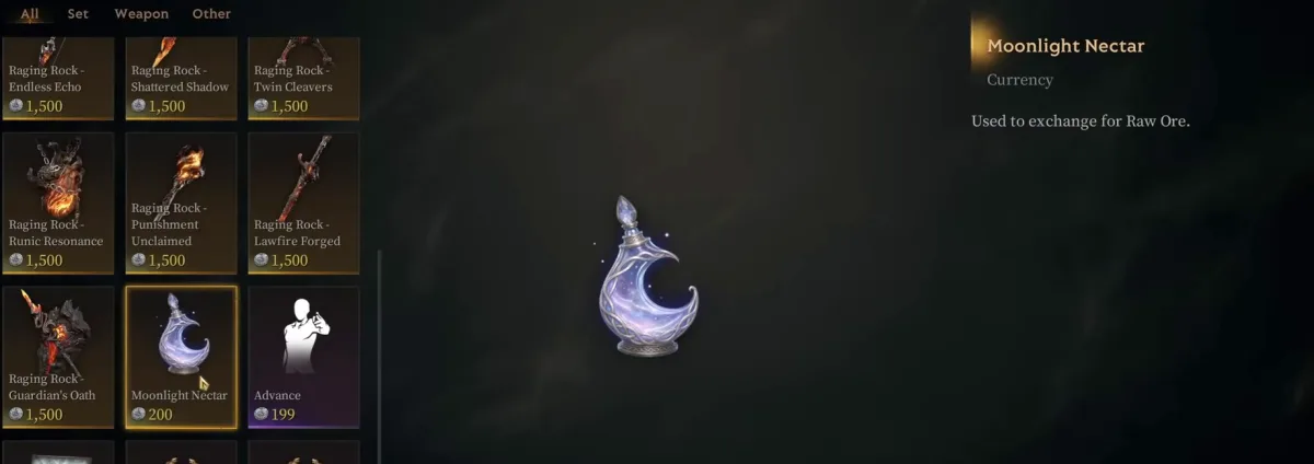 The Mall shop with Moonlight Nectar selected: item type Currency, price 200 coins, tooltip reading Used to exchange for Raw Ore.