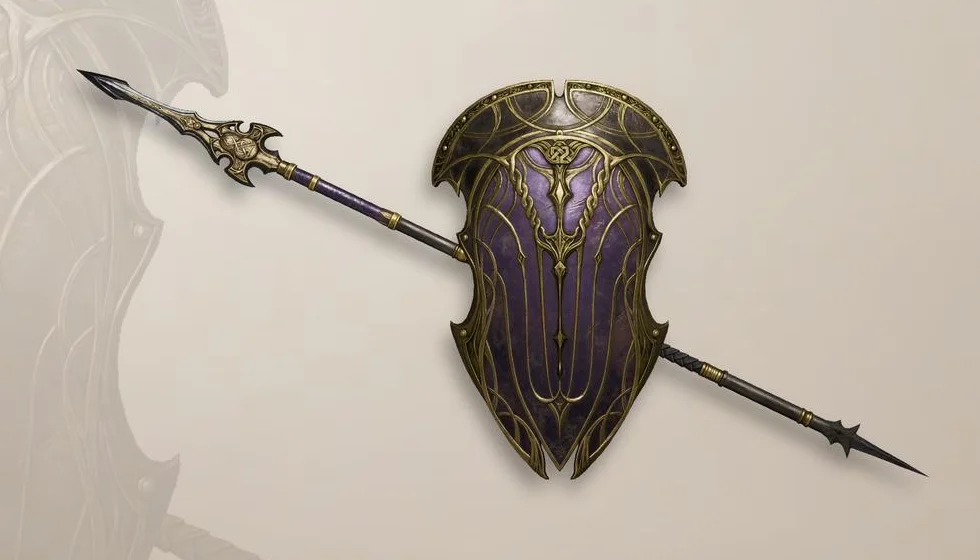 Official concept art of the Withered Knight’s Polearm and Shield: a gold-edged violet kite shield crossed by a long spear