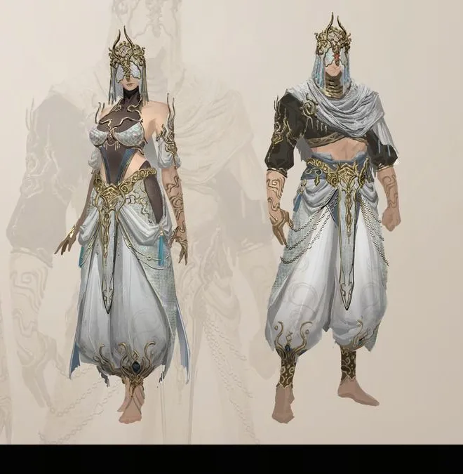Official concept sheet of the Slumbering Servant outfit: two figures in white and gold robes wearing horned masks