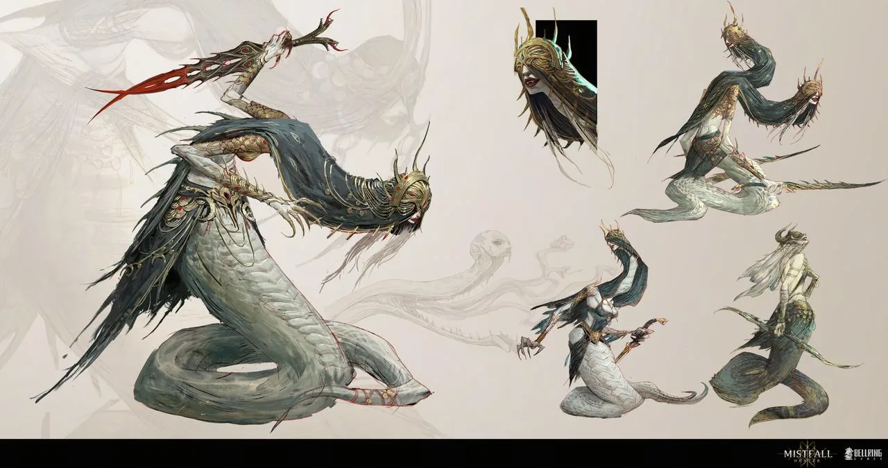 Official concept sheet of the Soulgnawer: a figure with a serpentine lower body and a horned mask, raising a barbed red blade, with four smaller pose studies beside it
