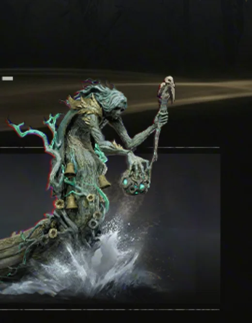A horned, bell-hung figure poling a wrecked boat through spray, from the Phase II panel of the official Season 1 roadmap