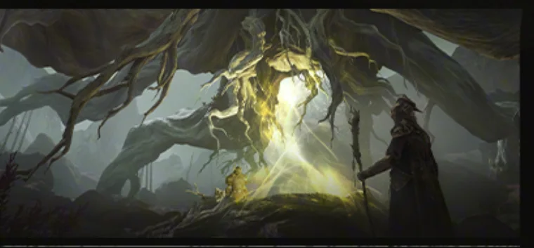 A hooded figure holding a staff before a glowing hollow in a mass of twisted roots, from the Phase III panel of the official Season 1 roadmap