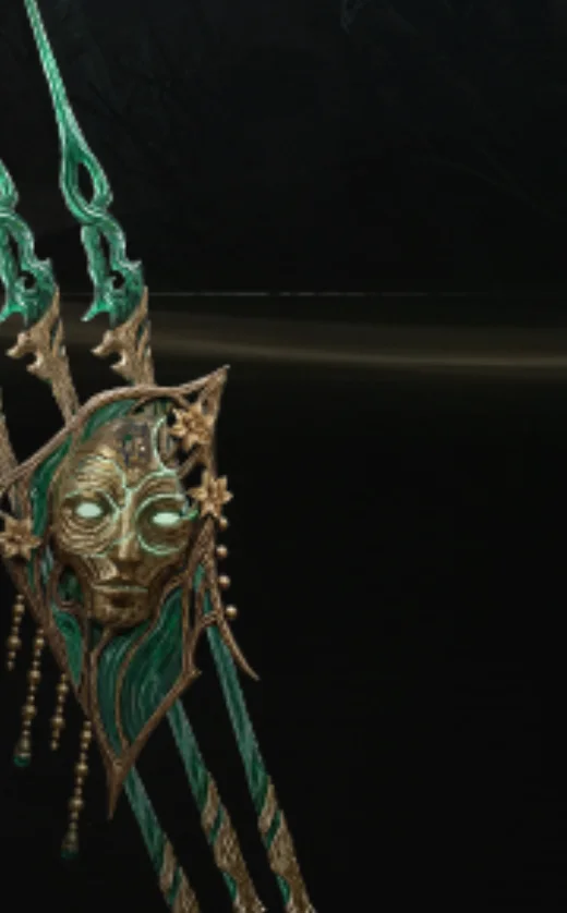 Three barbed javelins behind a jade and gold mask hung with beaded cords, from the Season 2 panel of the official Season 1 roadmap