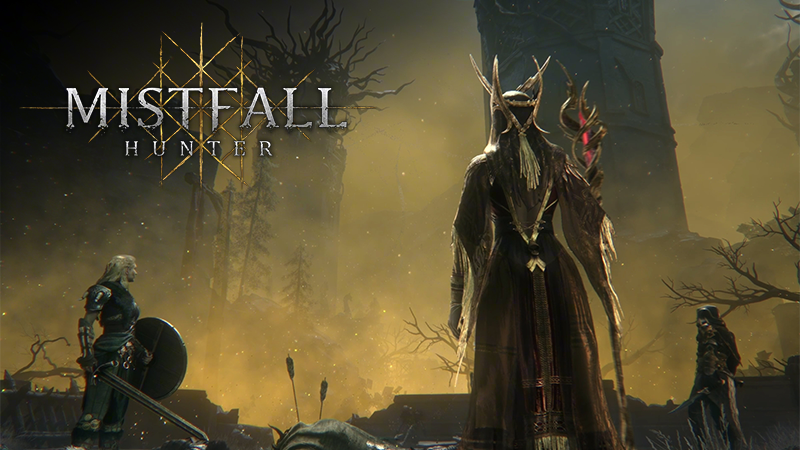 Official Mistfall Hunter key art from the Steam event page: a tall antlered figure in ragged robes standing in a ruined, mist-lit courtyard with two Gyldhunters nearby