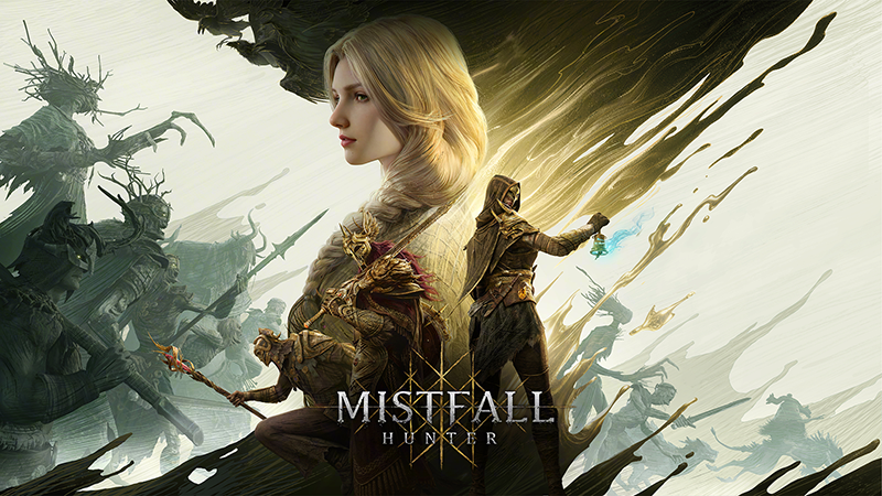 Official Mistfall Hunter key art from the Steam event page: a blonde warrior in gold-scaled armour and a hooded figure raising a green lantern, against a pale mist with shadowed figures behind